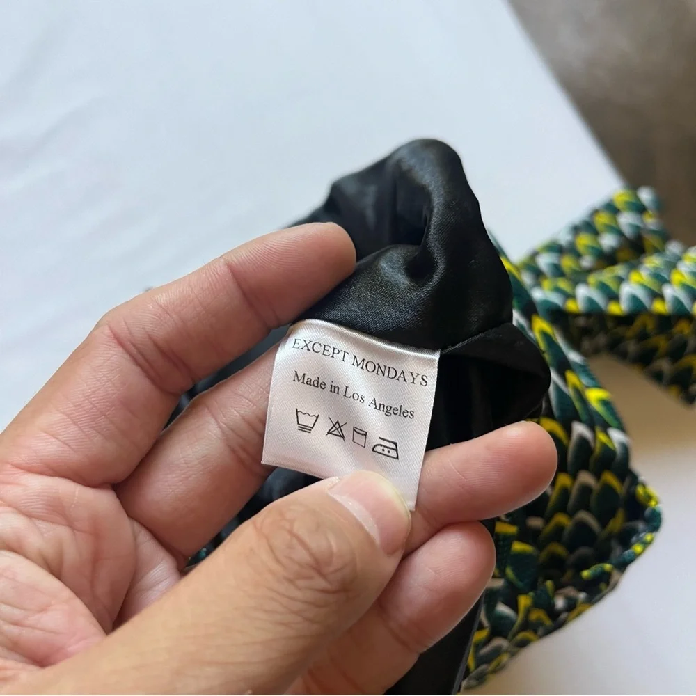NWOT‎ EXCEPT MONDAYS black yellow green geo printed tie front mini skirt